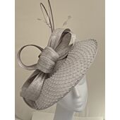 Silver fascinator with diamant&eacute; covered brim silk abaca bow and quills 