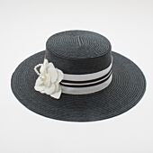 Black Straw Hat with White and Black Ribbon and Pearl Embellished Rosette