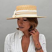 Straw Boater with White and Natural Ribbon