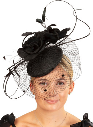 Black fascinator with roses, feathers and veil