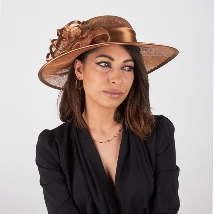 Chocolate coloured hat with band and a rosette