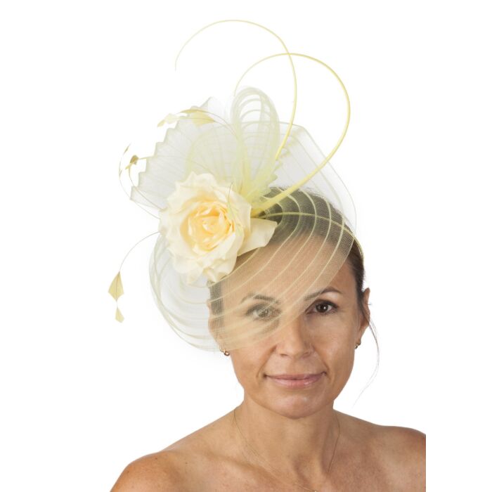 Light yellow pleated crin fascinator, with a soft rose fine feathers and quills