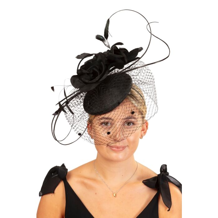 Black fascinator with roses, feathers and veil