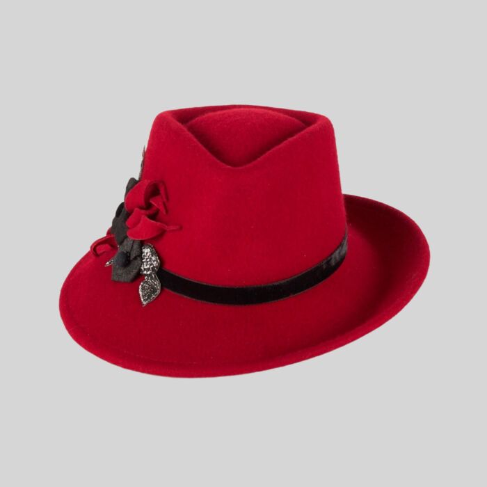 Ruby Red Felt Hat with Band and Embellishment