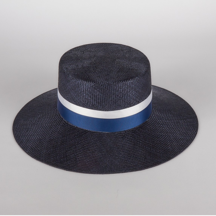 Dark Blue Straw Hat with Blue and White Ribbons