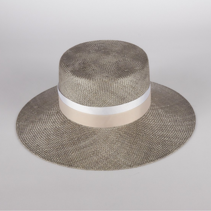 Grey Straw Hat with Sand and White Ribbons