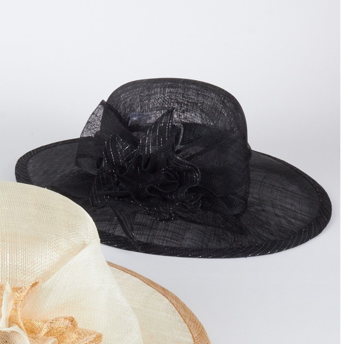 Black Sinamay Hat with Black Silver Stribed Bow