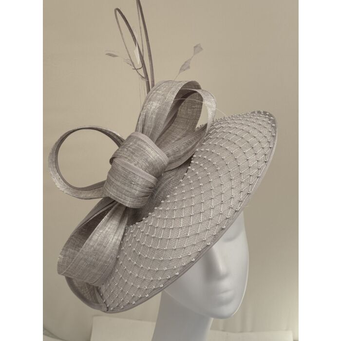 Silver fascinator with diamanté covered brim silk abaca bow and quills 