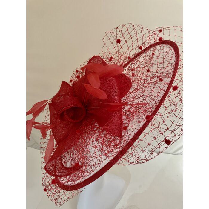 Red and white bow and veil fascinator