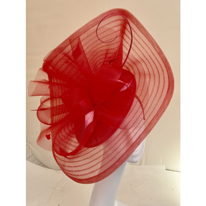 Large red crin fascinator, with crin waves, feathers and quills