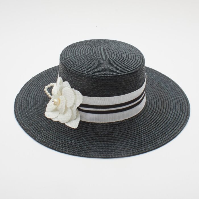 Black Straw Hat with White and Black Ribbon and Pearl Embellished Rosette