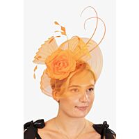 Pleated orange crin fascinator, with a rose, fine feathers and quills
